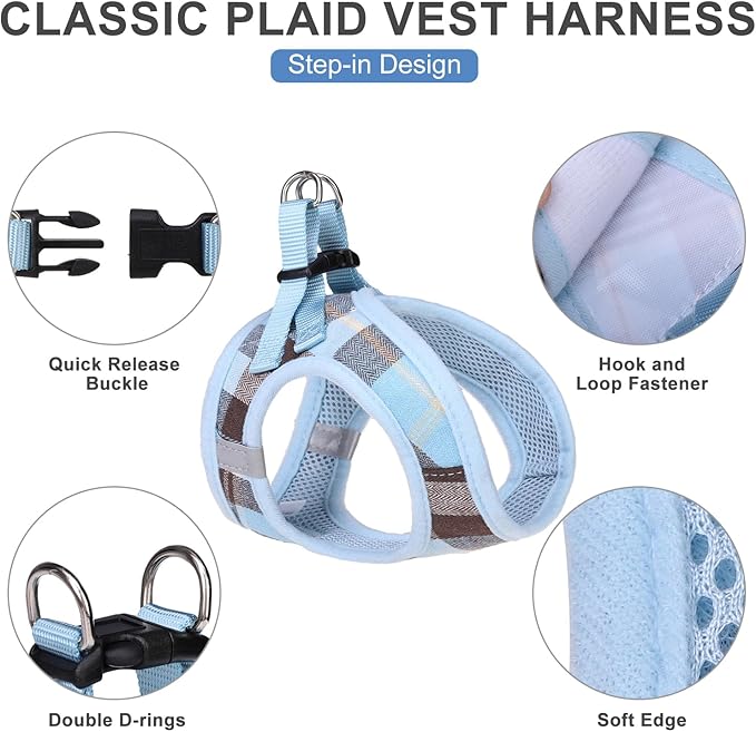 EXPAWLORER Classic Plaid Puppy Harness - Small Dog Harness and Leash Set - Dog Collar and Leash Set with AirTag Holder, Soft Padded Step in Dog Vest Harness No Pull Reflective for Outdoor, Blue M