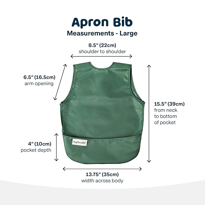Tiny Twinkle Mess Proof Apron Bibs - 2 Pack Waterproof & Lightweight Baby Bibs for Led Weaning | 100% Recycled Polyester, Easy Clean & Machine Washable (Slate Olive,Small 6-24 Months)