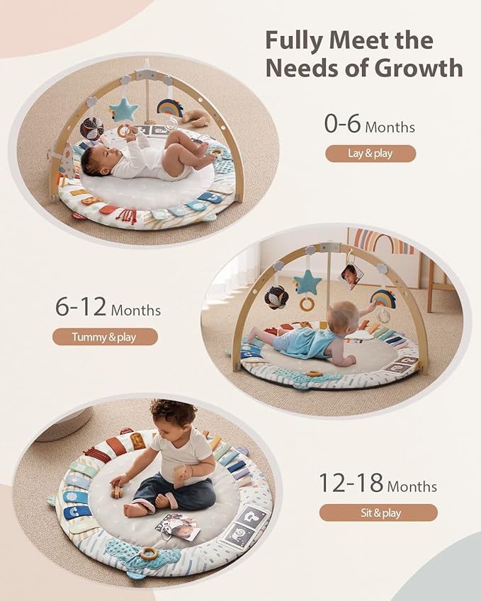 Blissful Diary Baby Play Gym & Activity Mat, 5 Developmental Zones Wooden Tummy Time Mat with 5 Detachable Sensory Toys for Motor Skills & Sensory Development, Baby Essentials Shower Gift