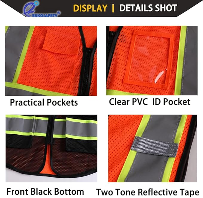 Reflective Mesh Safety Vest for Men Women with 5 Pockets and Zipper Front High Visibility Mesh Vest Hi Vis Construction Work Vest,Meets ANSI/ISEA Standards(EK175-Orangeblack-XL)
