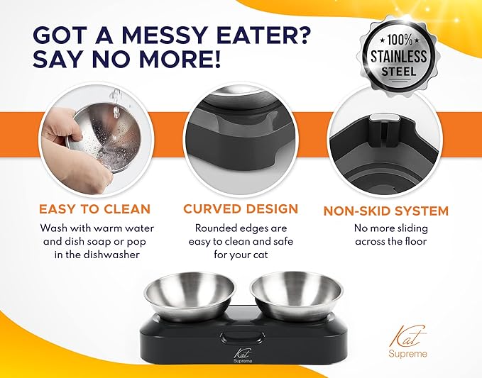 Cat Food Bowl - KATSUPREME Cat Bowls for Indoor Cats | Set of 2 Stainless Steel Bowl, Tilted Bowls Elevated Anti Vomiting, Non-Slip Base, Ant Proof Food & Water.