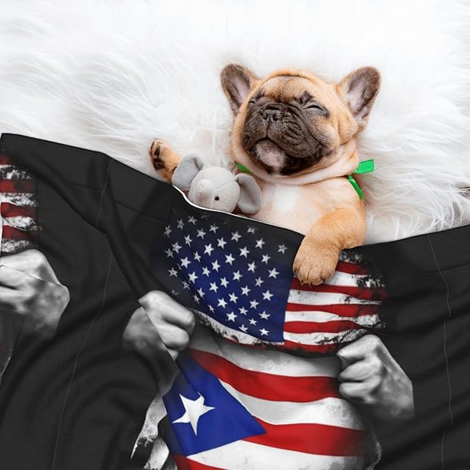 Double Sided Pet Mat for Dog Bed Topper Cat Blanket Furniture Protector, American Puerto Rico Flag Pull Apart Black, Reversible Plush with Tactile Dot Pattern for Style Change