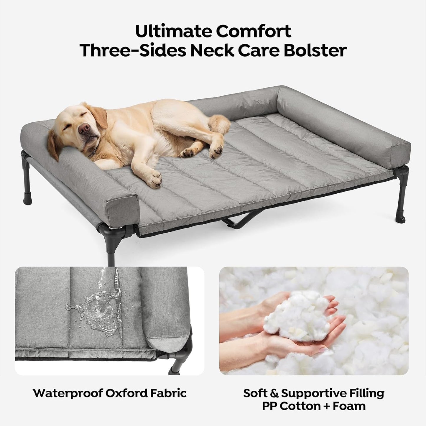 Veehoo Cooling Elevated Dog Bed Add Removable Waterproof Bolster Cushion Mat, Raised Pet Cot with Breathable Teslin Mesh, No-Slip Feet, Dog Couch Bed for Indoor Outdoor, 53 inches, Grey