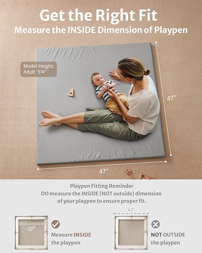 Blissful Diary Vegan Leather Baby Play Mat, 47x47 Thicken Foam Cushioned & Waterproof Playpen Mat for Infants and Toddlers, Stylish and Just Wipe-Clean Playmat for Baby Play on Floor, Light Gray