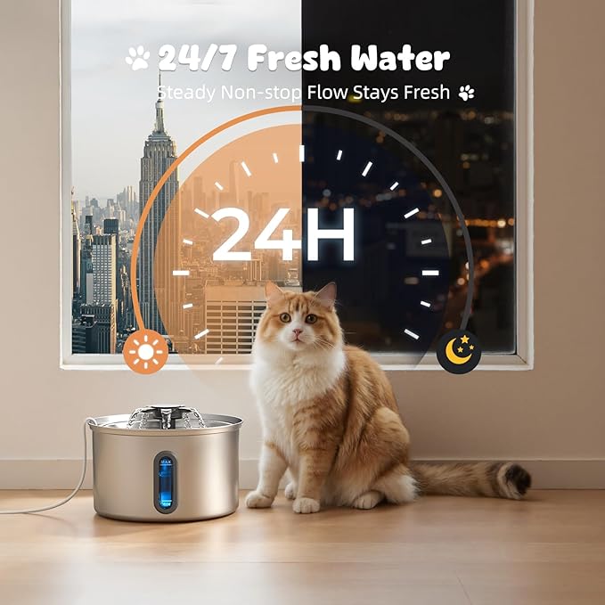 Cat Water Fountain Stainless Steel, 118oz/ 3.5L Large Capacity Automatic Pet Water Dispenser for Drinking with Level Window, Ultra Quiet Pump, 2 Replacement Filters & Pre-Filter Sponges for Dog