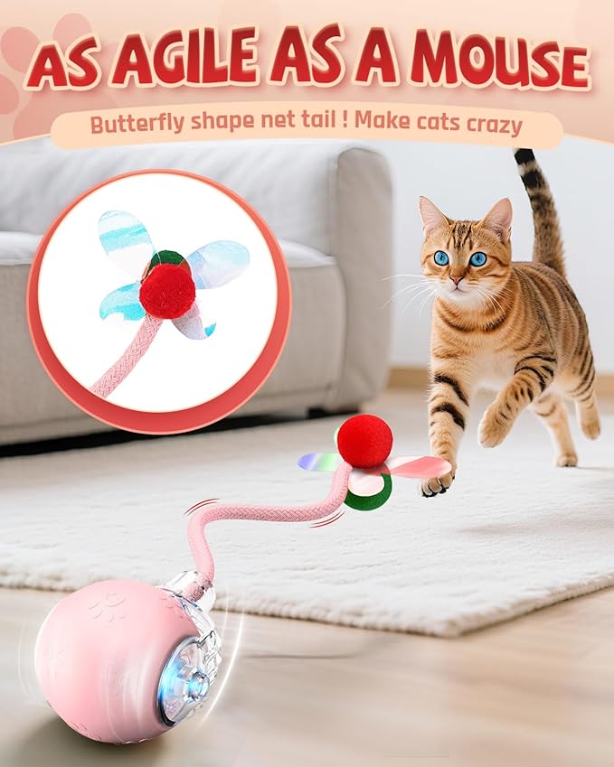 Interactive Cat Toys for Indoor Cats, 2025 Upgraded 360° Anti-chew Safe Material Moving Cat Ball with Tail, Interactive Cat Toys for Bored Indoor Adult Cats to Keep Them Busy (Pink, 2.2in)