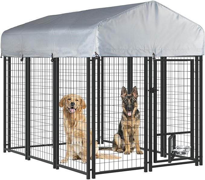 LEMBERI 6x4x4 Outside Dog Kennel with Roof for Large Dogs,Heavy Duty Welded Wire Steel Dog Playpen Fence with Secure Lock, Pet Pen with UV-Resistant Waterproof Cover (69.1''L x 50.4''W x 56.6'H)