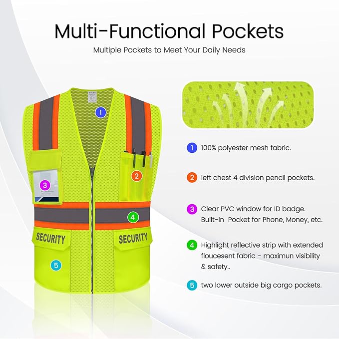 Security Vest for Security Guard, Safety Vest with Pockets, Reflective Work Wear with Zipper, High Visibility apparel, ANSI Compliant, Yellow, XL