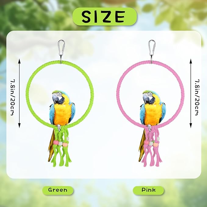 Bird Swing, 20 CM Diameter Hanging Parrot Swing with Colourful Beads, Swing Parrot Toys Cotton Rope Ring Bird Cage Toys for Budgie, Cockatiel, Canary, Parakeet, Finch (Pink)
