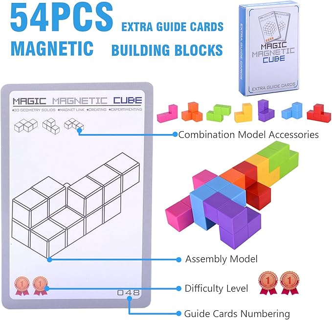 WorWoder Kids Magnetic Building Blocks Magic Magnetic 3D Puzzle Cubes, Set of 7 Multi Shapes Magnetic Blocks with 54 Guide Cards, Intelligence Developing and Stress Relief Fidget Toys for Kids(Pink)