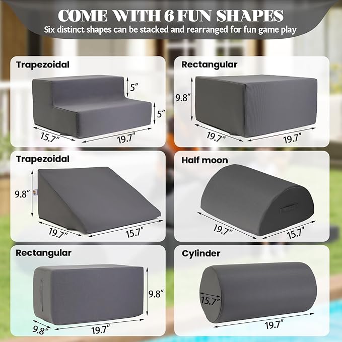 jela Foam Blocks 6Pcs Soft Play Equipment Waterproof Fabric, UV Resistant Toddler Climbing Toys Indoor& Outdoor Soft Play Climbing for Toddlers, Lightweight Climbing Blocks for Babies, Kids (Darkgrey)