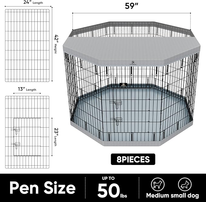 PJYuCien Dog Playpen with Top Cover and Bottom Pad - Metal Foldable Exercise Pen, 8 Panels 42" H x 24" W Indoor Outdoor Pet Fence Puppy Crate Kennel, Gray