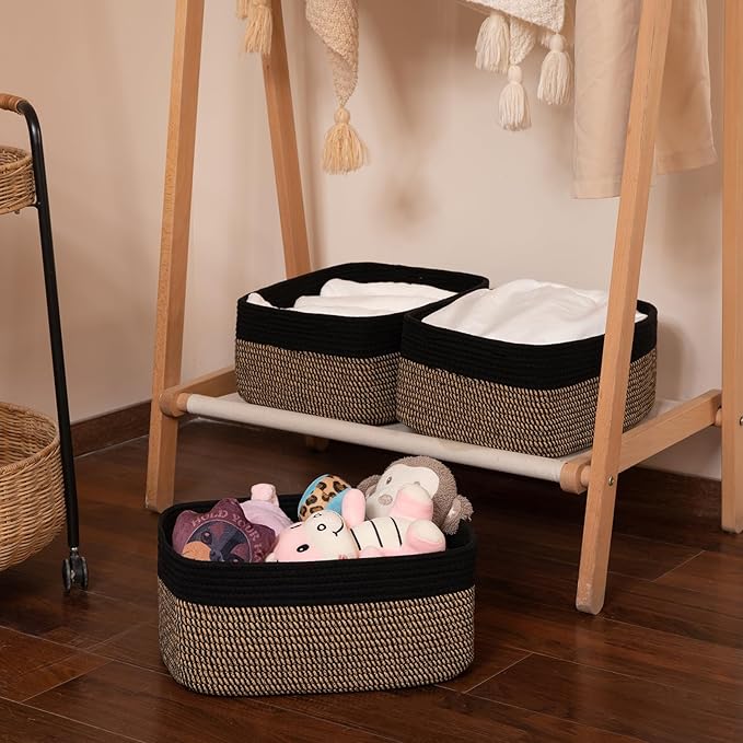 Storage Baskets for Organizing 3 Pack, Woven Baskets for Shelves, Closet Organizer Bins Empty Gift Basket Toy Storage for Toys, Books, Towels, Clothes, 15"x11.42"x6.7", Black & Yellow
