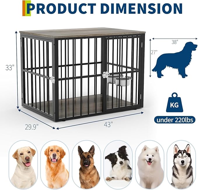 43 Inch Wooden Indoor Dog Crate Side Table, Furniture-Style Dog Kennel with Double Door Entry and Adjustable Built-in Food Bowls, Heavy-Duty Decorative Pet Cage for Medium and Large Dogs