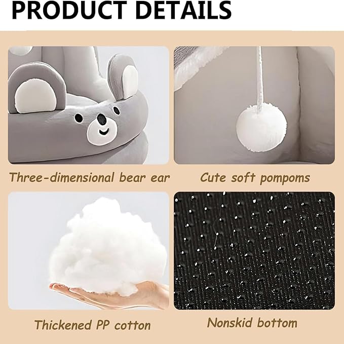 Cat Bed for Indoor Cats, Dog Bed with Anti-Slip Bottom, Rabbit-Shaped Cat/Small Dog Cave with Hanging Toy, Puppy Beds with Removable Cotton Pad, Super Soft Calming Pet Sofa Bed (Gray, Large)