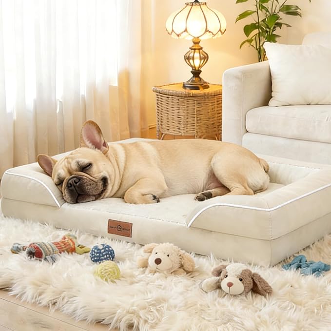 Comfort Expression Orthopedic Dog Bed for Medium Dogs 28x19 Inch, Waterproof Supportive Egg Crate Foam Medium Pet Bed with Removable Bolsters, Dog Couch with Washable Cover & Non-Slip Bottom, Beige
