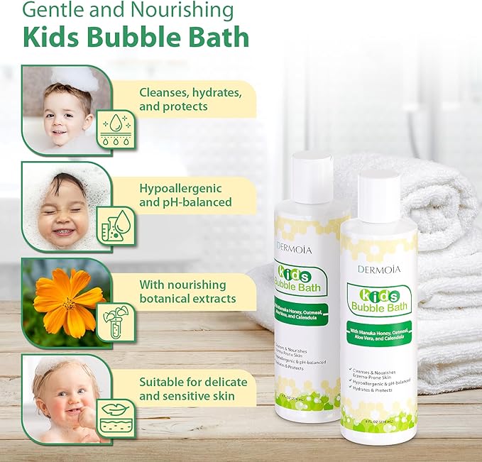 Kids Bubble Bath for Sensitive Skin & Eczema Relief - Baby Bubble Bath with Manuka Honey, Aloe Vera, Colloidal Oatmeal and Calendula - Kids Soap with Botanical Extracts for Sensitive Skin