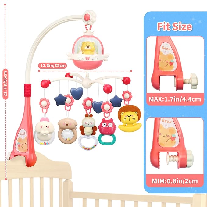 Baby Crib Mobile with Night Lights and Music,Hanging Mobile for Crib Bassinet with Rotation, Projection,Remote Control,Babies Crib Toys for Nursery Newborn Infant Boys Girls (Pink)