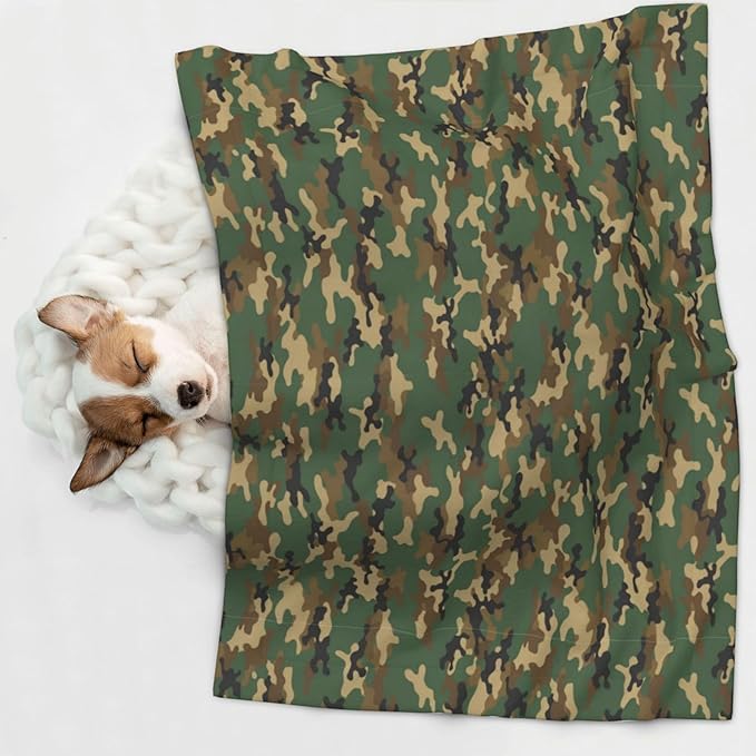 Two Sided Plush Pet Blanket for Warmth Comfort, Green Camouflage Army Camo, Reversible Throw with Cozy Nubby Side for Chilly Nights Napping Spots Around House