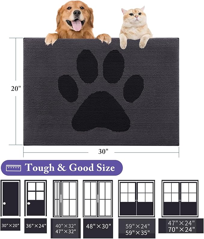 Buganda Dog Door Mat for Muddy Paws, Absorbent Dirt Trapper Non Slip Indoor Doormats, Washable Low-Profile Mat for Mud Dogs, Entryway Carpet for Inside Floor (30x20 Inches, Black)