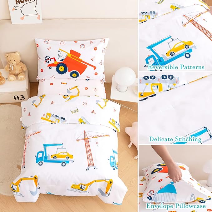 PERFEMET 4 Pieces Construction Toddler Bedding Set Excavator Truck Boy Toddler Bed in A Bag Colorful Reversible Cartoon Tractors White Crib Comforter Set for All Seasons(White, Truck/Tractor)