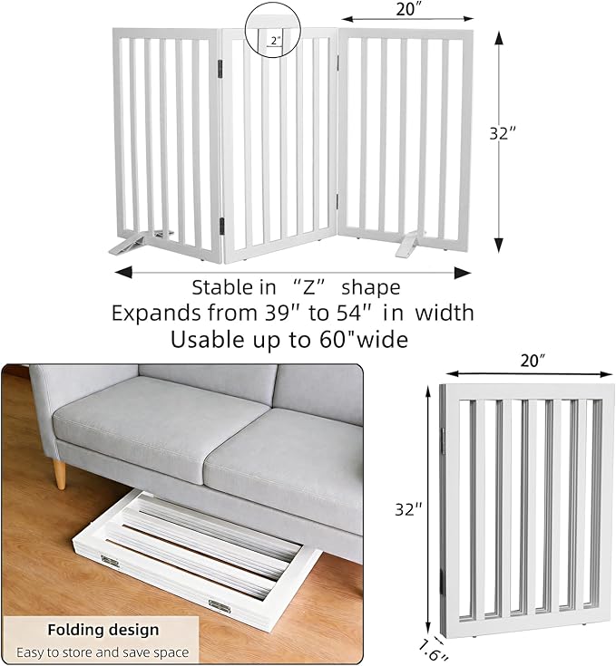 ZJSF Freestanding Indoor Dog Gate for House Foldable Wood White Puppy Gate for Doorways Pet Gate for Stairs Extra Wide Pet Fence 32" Height 3 Panels