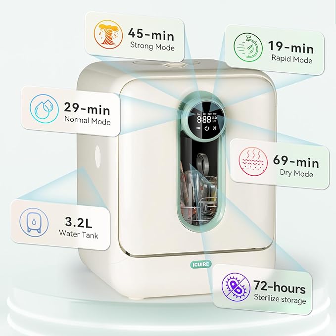 ICUIRE Baby Bottle Washer, Sterilizer & Dryer Pro, Newborn Essential for Parents One-Hand Operation, 4 Sterilize Modes for Baby Stuff, 3.2L Water Tank for Clean Bottles, Pump Part &Pacifiers, Baby Toy