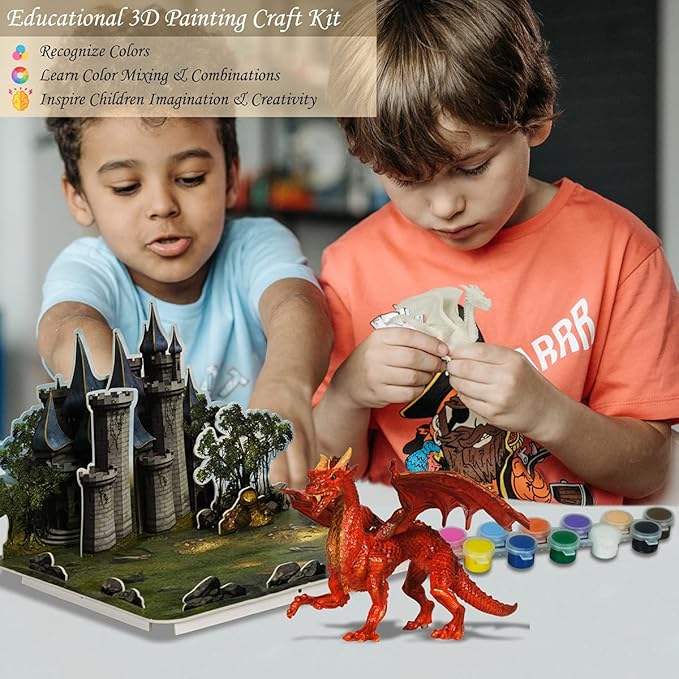 Kids Arts Crafts Set - Dragon Toys Painting Kit with 3 Dragons Figurines and 3D Jigsaw Puzzle Castle, Best Tween Paint Gift to Create Own Powerful Dragon