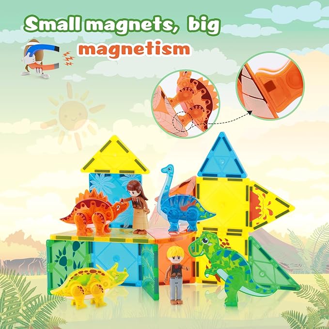Dinosaur Magnetic Tiles,Animals Magnet Building Blocks Toys Dino World,3D STEM Educational Magnet Tiles for Boys Girls Kids Age 3 4 5 6 7 8