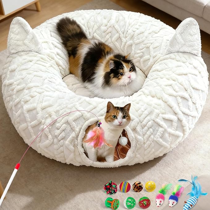 OurWarm Cat Tunnel Bed for Indoor Cats, Soft Plush Cat Donut Tunnel with 11 Pcs Interactive Toys & Washable Mat, Round Peekaboo Pet Cave Play Tunnel Under Christmas Tree for Kitten Rabbit