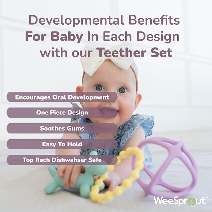 WeeSprout Silicone Baby Teether Toys for Infant Babies and Toddlers, Cute Ring, Puppy Dog, and Ball, Soft and Flexible, BPA Free, Boys and Girls (Matte Dark Gray, Tan & Off White)