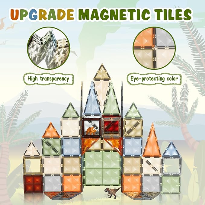 3D Magnetic Tiles, STEM Learning and Encourage Imaginative Play Magnetic Blocks, Preschool Puzzle Toys with Dinosaur, Gift for Boys and Girls 3 4 5 6 7 8 Years+
