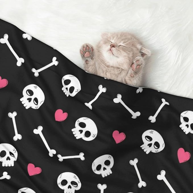 Dog and Cat Blanket in One, Cartoon Skulls with Hearts On Black, Double Sided Plush Throw with Raised Dot Pattern on One Side and Flat Velvet on Other for Variety