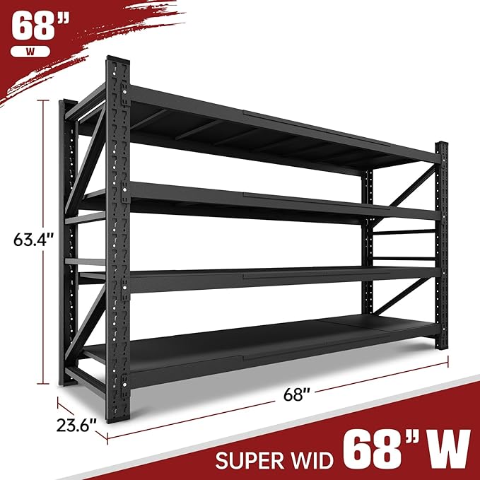 8000LBS Storage Shelves, 68" W Garage Shelving Heavy Duty Metal Adjustable Garage Shelves, Shelving Units Industrial Shelving for Warehouse, 68" W x 24" D x 63.4" H, Black