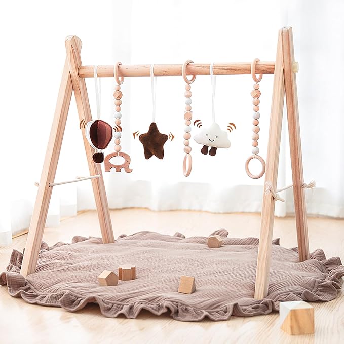 Razee Wooden Baby Play Gym Play Mat, Foldable Baby Gym with 6 Hanging Sensory Toys for Newborn Shower Gift