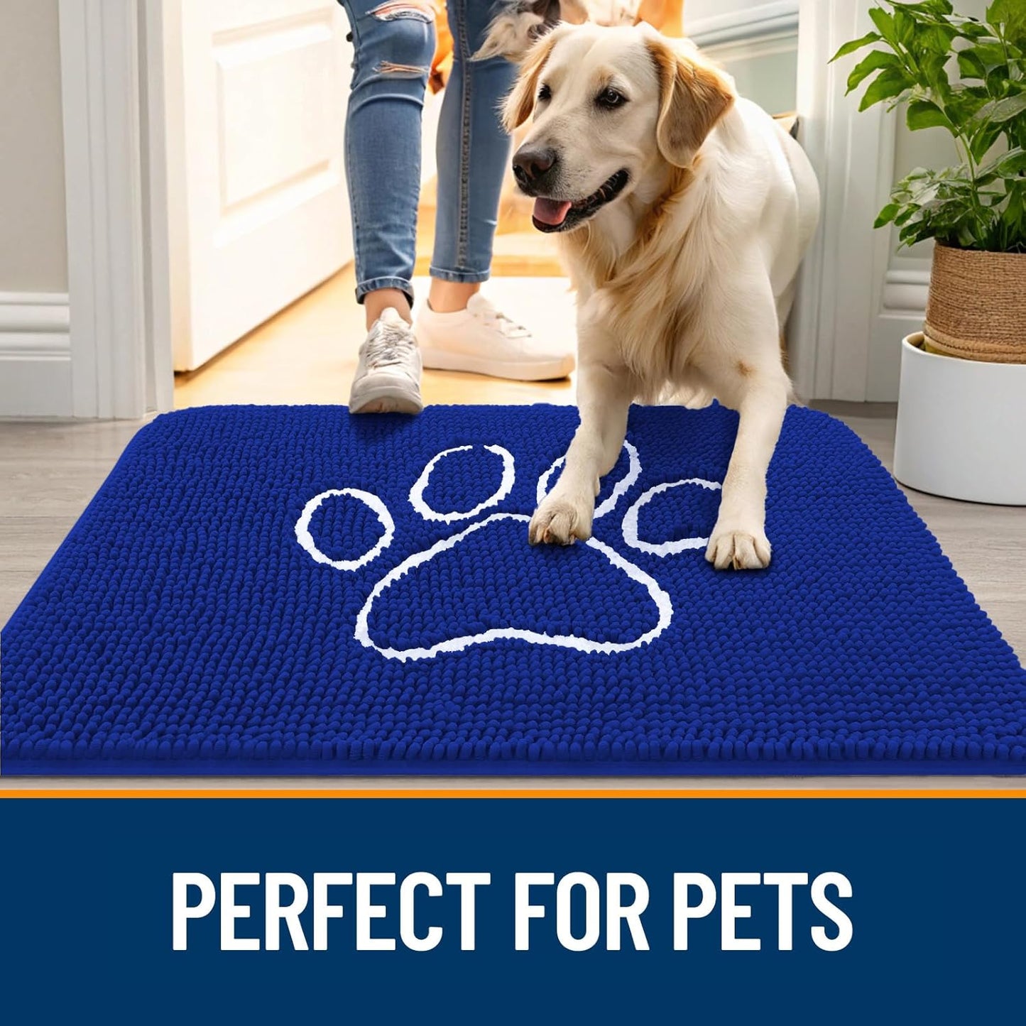 OLANLY Door Mat for Muddy Dog Paws 30x20, Ultra Absorbent Chenille Mud Doormat with Paw Print Design, Non-Slip Washable Doormat for Indoor Entryway, Quick-Dry Pet Bed Mats for Dirty Dogs, Royal Blue