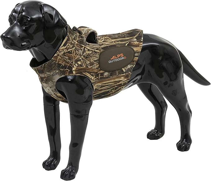 ALPS OutdoorZ Topflight Dog Vest, Dog Hunting Vest with 5mm Neoprene for Warmth, Contoured Neck Design, Buoyancy Flotation Pads, Easy Lift Handles, and Leash Clip, Large - Realtree MAX-7