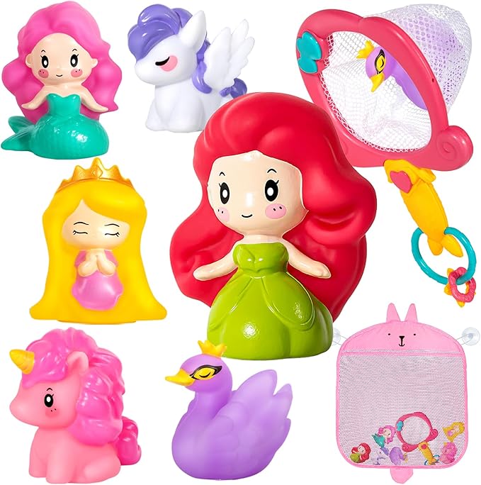 No Hole Bath Toys for Kids Ages 1-3, 8 Pcs Girl Bath Toys with Storage and Net, Sealed & Squeezable & Float on Water