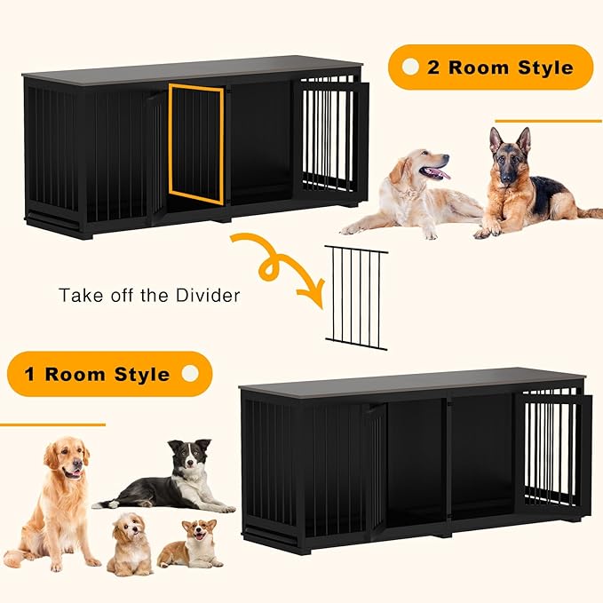 Large Funiture Style Dog Crate for 2 Dogs, 70" Wooden Dog Kennel Furniture with Removable Divider & 2 Trays, Indoor Heavy Duty Dog House w/Double Rooms for Large Medium Dogs, Black