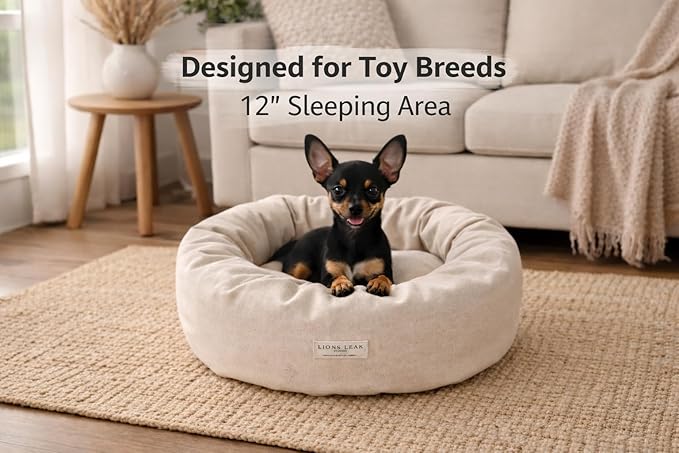 Organic Cotton Canvas Round Dog Bed – Removable Washable Cover, Natural Raw Cotton Fill, Supportive Bolster, Non-Toxic & Hypoallergenic, Made in USA (Natural, X Small 18" x 6" inches)