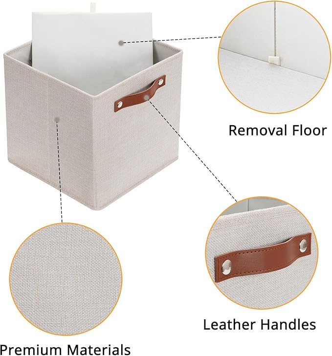 HNZIGE Foldable Storage Cubes Bins for Organizing, Set of 4, Fabric Cube Canvas Storage Bins 11 x11, Collapsible Bins for Organization with Handles for Shelf Nursery(Beige)