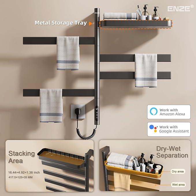 ENZE Smart Rotating Heated Towel Rack for Bathroom, Wall-Mounted Electric Towel Dryer with Swivel Bars & Shelf, Smart Timer, Low Carbon Steel, Plug-in/Hardwired, Towel Warmer with Wi-Fi App Control