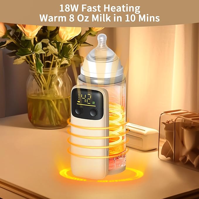 Portable Bottle Warmer, Travel-Friendly, Leak-Proof, Precise Temp-Control & LCD Display, Long Battery Life for Constant-Warm for 5-8 Hours, Feeding While Charging, Fast-Charging
