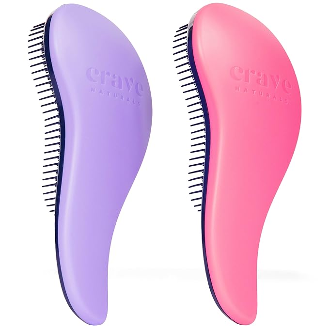 Crave Naturals Glide Thru Detangling Brush for Adults and Kids - Detangler Brush for Curly or Straight, Wet or Dry Hair - Gentle on Tangles Hair Comb - 7.5x3-Inch, Pink and Purple (Pack of 2)