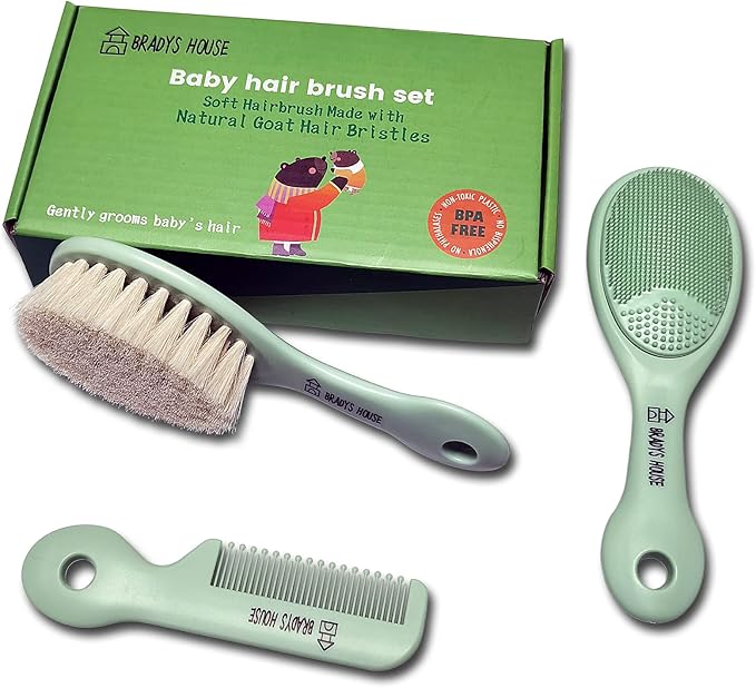 3 Piece Baby Hair Brush & Comb Set for Newborns- Soft Goat Bristle Hair-Brush, Silicone Bath Brush and Plastic Comb for Infant, Toddler, Kids - Baby