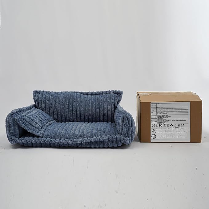 Pet Couch Bed for Dog and Cat, Plush Calming Couch for Pets with Removable Washable Cover, Modern Sofa Style Pet Bed for Home Living Room (Dark Blue)