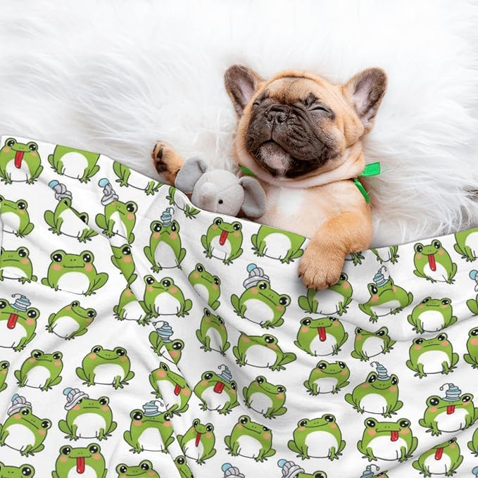 Reversible Plush Throw for Dogs and Cats, Cute Frog, Double Sided Blanket with Nubby Dot Side and Sleek Side Ideal for Cuddling Nesting Security
