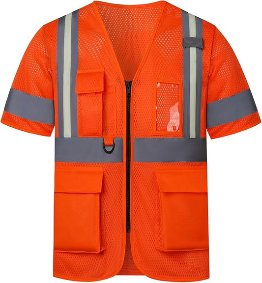 A-SAFETY High vis Reflective Mesh safety Vest ANSI Class 3,with Pockets and Zipper