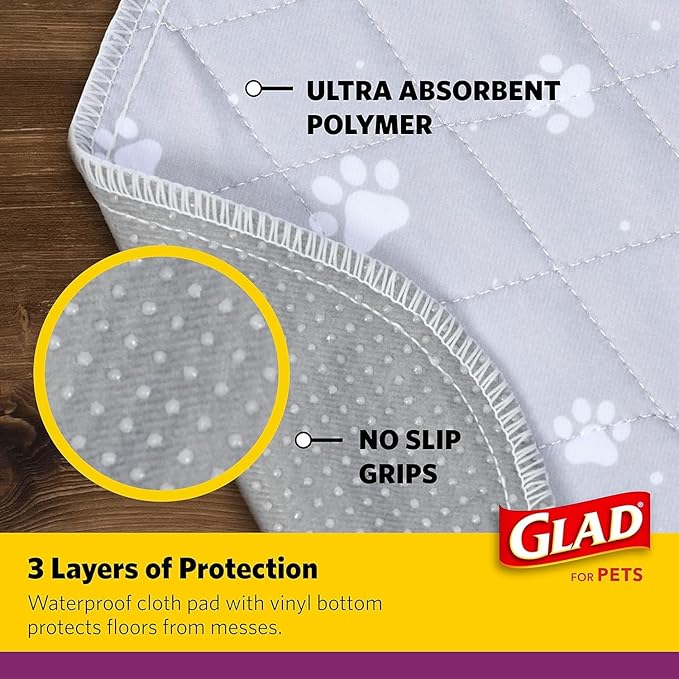 Glad for Pets Washable Training Pads, Medium Size (24”x36”), 6 Pack Gray with Paw Prints| Re-usable Cloth Dog Training Pads with 3 Layers of Leak Protection and No Slip Grip Vinyl Bottom