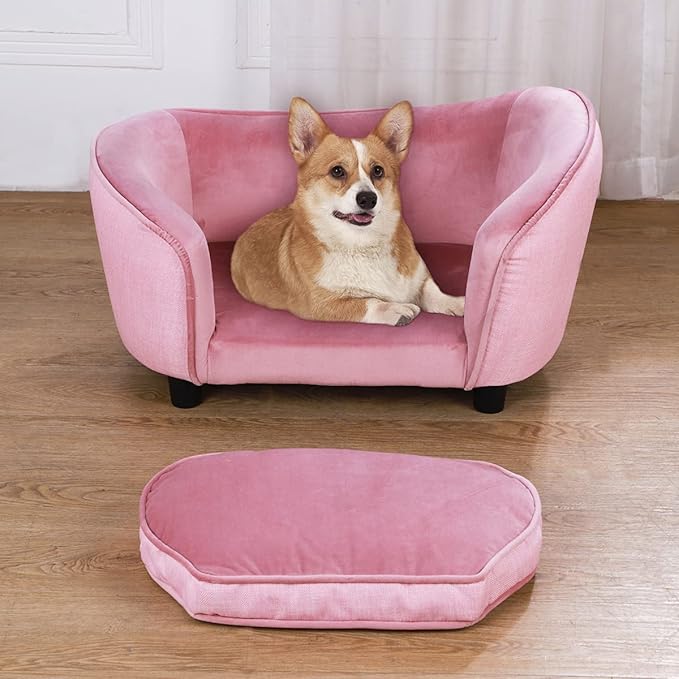 Getifun Pet Sofa Bed, Velvet Couch with Washable Cushion for Small Dog Cat (Pink)